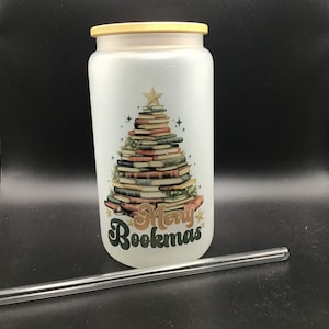 Merry Bookmas Frosted Glass Tumbler | Bookish Christmas tree drinking vessel | Glass with bamboo lid and straw