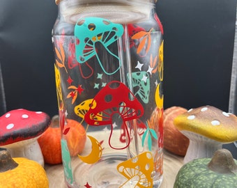 Autumn Glass Tumbler | Autumn drinking glass | Jar with bamboo lid and straw