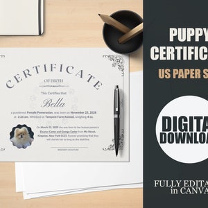 Welpen-Geburtsurkunde, Adoptionsurkunde, Printable Geburtsurkunde für Haustiere