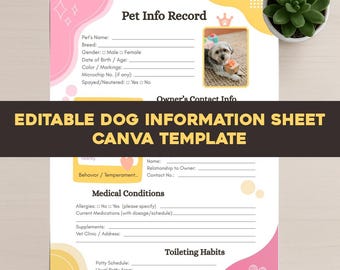 Editable Dog Information Sheet: Pet Emergency Record Canva Template