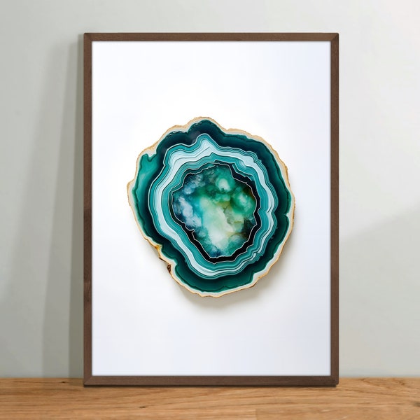 Geode Wall Art, Green Teal Turquoise Blue Crystal Gemstone Rock, Geology Mineral Onyx Poster, Digital Printable Download, Modern Home Decor