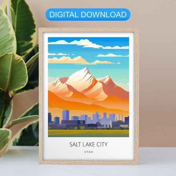 Salt Lake City Utah Travel Poster, Vacation Wall Art, Colorful Retro Pastel, Digital Printable Download, Home Decor Gift, Mountain Skyline