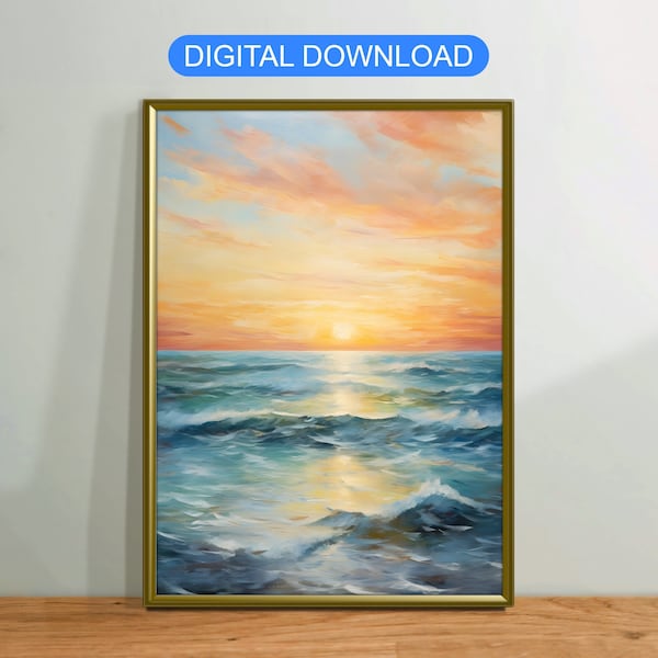 Ocean Sunset Beach Oil Painting, Vintage Canvas Wall Art Poster Rustic, Digital Printable Download, Modern Home Decor Gift, Nature Landscape