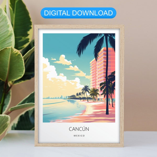 Cancun Mexico Travel Poster, Vacation Wall Art Print, Colorful Retro Pastel, Digital Printable Download, Home Decor Gift, Latin America