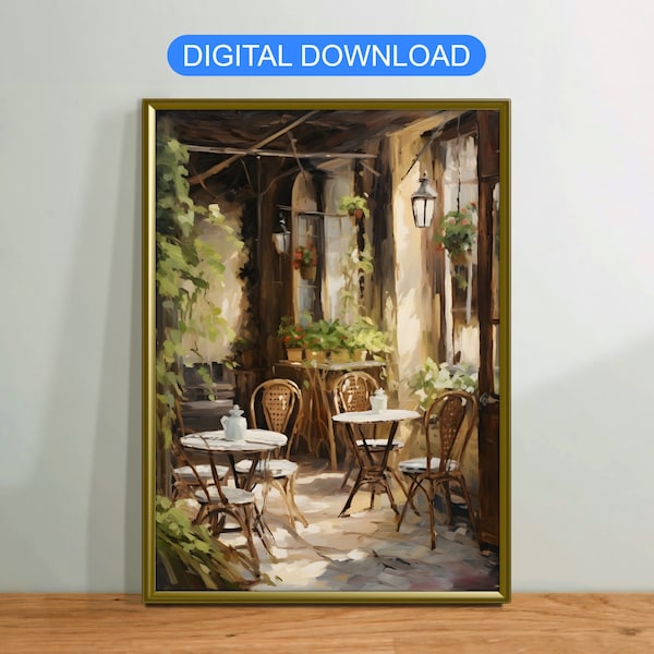 Cafe Indoor with Plants Oil Painting, Vintage Canvas Wall Art Poster Rustic, Digital Printable Download, Modern Home Decor Gift, Coffee Shop