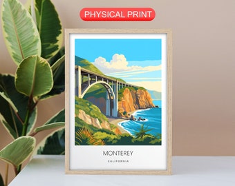 Monterey California Travel Poster, Vacation Wall Art, Colorful Pastel, Physical Shipped Paper, Home Decor Gift, Bixby Bridge, Big Sur