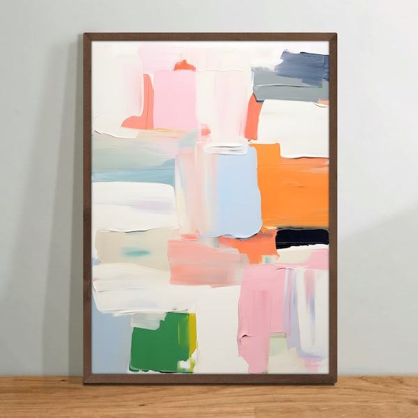 Abstract Art Oil Painting, Green Blue Orange Muted Pastel Colors, Geometric Canvas Wall Poster Digital Printable Download, Modern Home Decor