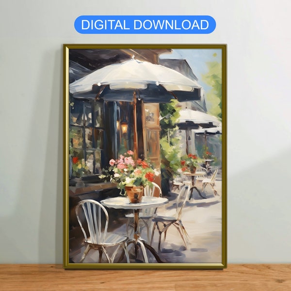 Cafe Outdoor Street Oil Painting, Vintage Canvas Wall Art Poster Rustic, Digital Printable Download, Modern Home Decor Gift, Flowers
