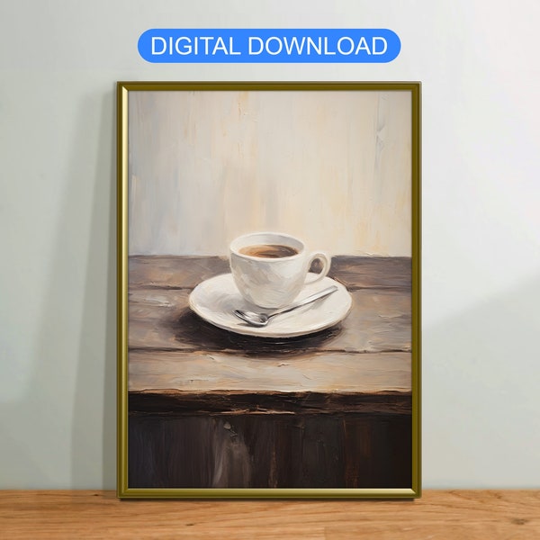 Coffee Mug on Table Oil Painting, Vintage Canvas Wall Art Poster Rustic, Digital Printable Download, Modern Home Decor Gift