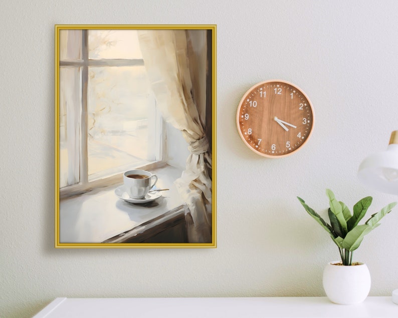 Coffee Mug by Window Oil Painting, Vintage Canvas Wall Art Poster Rustic, Digital Printable Download, Modern Home Decor Gift image 2