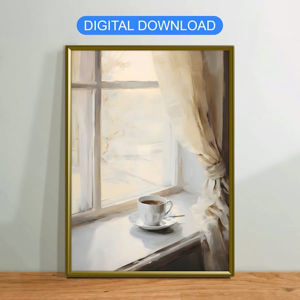 Kaffeetasse am Fenster Ölgemälde, Vintage Leinwand Wand Kunst Poster rustikal, digitaler druckbarer Download, moderne Wohnkultur Geschenk