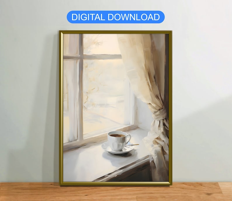 Coffee Mug by Window Oil Painting, Vintage Canvas Wall Art Poster Rustic, Digital Printable Download, Modern Home Decor Gift image 1