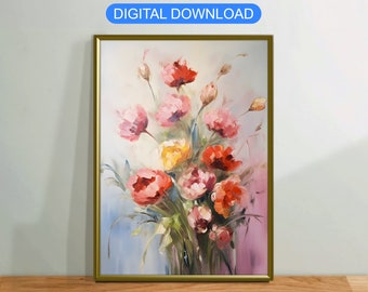 Flowers Bouquet Colorful Oil Painting, Vintage Canvas Wall Art Poster Rustic, Digital Printable Download, Modern Home Decor Gift, Roses