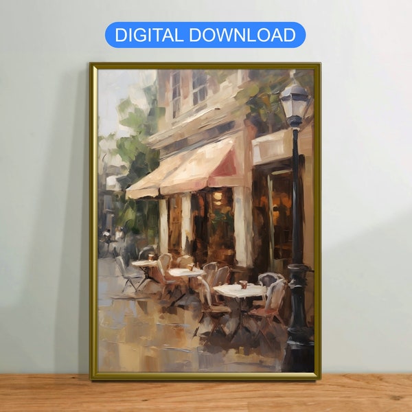 Cafe Outdoor Street Oil Painting, Vintage Canvas Wall Art Poster Rustic, Digital Printable Download, Modern Home Decor Gift
