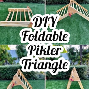 May include: DIY Foldable Pikler Triangle, a wooden climbing frame for children, shown folded and unfolded on a green lawn. The triangle is made of natural wood and has a red rope attached to it.