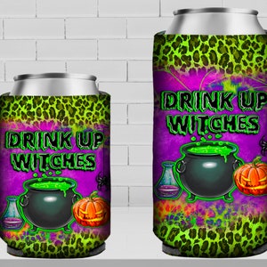 May include: Two purple and green Halloween-themed can coolers with a leopard print design. The larger cooler has the text "Drink Up Witches" and a cauldron with green liquid, a potion bottle, and a jack-o-lantern. The smaller cooler has the same design.