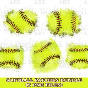 May include: Five watercolor-style softball patches with a yellow background and red stitching. The patches are isolated on a white background.