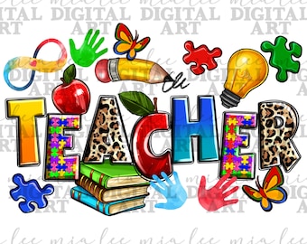 Autism Teacher png subliamtion design download, Autism Awareness png, western Teacher png, Autism puzzle png, sublimate designs download