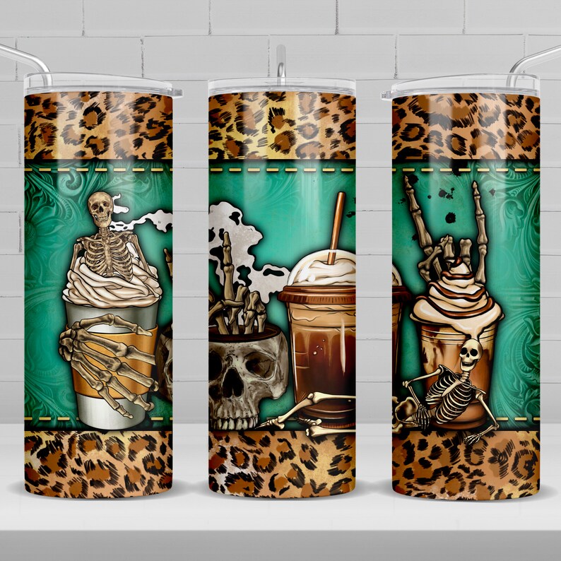 May include: Three stainless steel tumblers with a leopard print design. Each tumbler features a different design with a skeleton holding a coffee cup, a skull with bones, and a skeleton playing rock and roll.