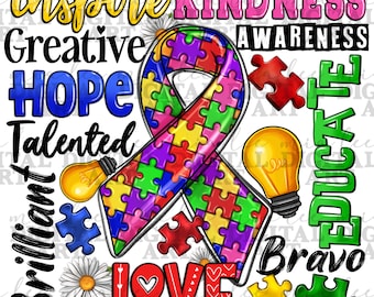 Autism typography png sublimation design download, Autism Awareness png, Autism ribbon png, Autism life png, sublimate designs download
