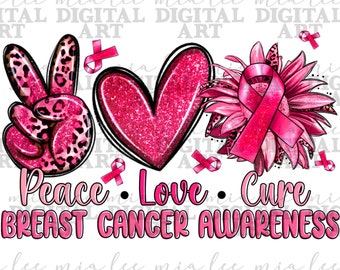 Könnte beinhalten: Rosa Grafikdesign zur Sensibilisierung für Brustkrebs. Es zeigt ein Friedenszeichen mit Leopardenmuster, ein Glitzerherz und eine Blume mit einem Band. Die Worte "Peace, Love, Cure" und "Breast Cancer Awareness" sind ebenfalls enthalten.
