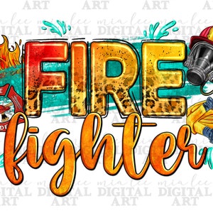 以下が含まれることがあります： ヒョウ柄のオレンジ、イエロー、レッドで「FIRE」という言葉を描いたデジタルイラスト。 「FIRE」の下にオレンジとイエローで「fighter」という言葉が書かれている。 画像には、消火栓、消防士のヘルメット、消火ホースも含まれている。