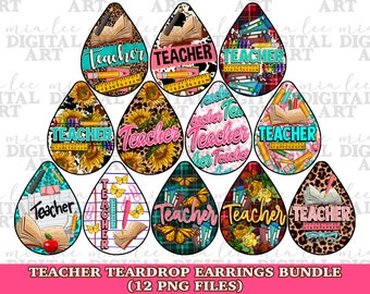 Può includere: Dodici immagini digitali di orecchini a forma di goccia con vari design a tema insegnante. I design includono libri, matite, righelli, girasoli, farfalle e stampa leopardata. Ogni orecchino ha la scritta "Teacher".