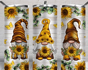 Gnomes and sunflowers 20 oz skinny tumbler png, gnomes tumbler wrap png, sunflowers 20 oz tumbler designs, tumbler png download