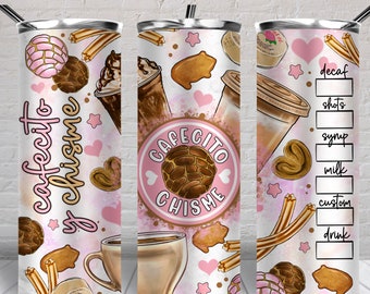 Cafecito y Chisme bicchiere skinny da 20 once png, involucro del bicchiere png, design bicchiere da 20 once del Messico, download png del bicchiere messicano