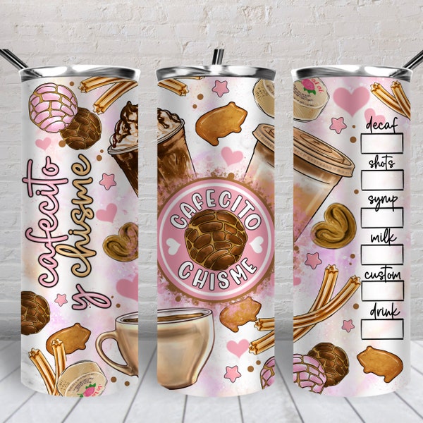 Cafecito y Chisme 20 oz skinny tumbler png, tumbler wrap png, Mexico 20 oz tumbler designs, Mexican tumbler png download