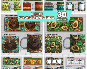 Western 11oz and 15oz Mug and Cup Coaster Bundle Png, Square Cup Coaster Template, Western Cup Coaster Png, Sublimate Designs Download