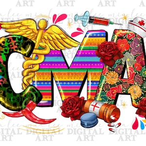 Puede incluir: Una ilustración colorida de las letras "CMA" con un símbolo de caduceo médico y otras imágenes médicas. Las letras están decoradas con un patrón de inspiración mexicana y flores.