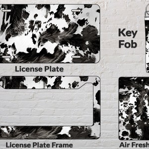Cowhide car bundle png sublimation design download, license plate png, air freshener png, key fob png, car bundle png, sublimate download