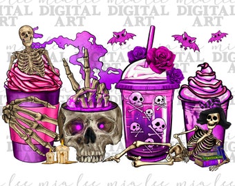 Halloween skeleton coffee cups png sublimation design download, Happy Halloween png, spooky season png, sublimate designs download