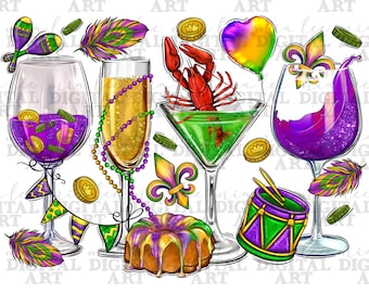 May include: A digital illustration of Mardi Gras themed party decorations. The image features a purple, green, and gold color scheme. There are four glasses filled with different colored liquids, a king cake, a green and gold drum, a feather, and a crawfish.