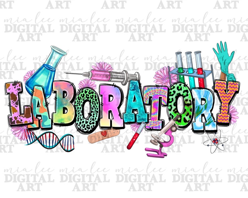 May include: Colorful graphic design with the word "LABORATORY" in large letters. The letters are decorated with different patterns, including leopard print, tie-dye, and zig-zag. The design also includes a beaker, a syringe, test tubes, a microscope, a DNA strand, and a bandage.