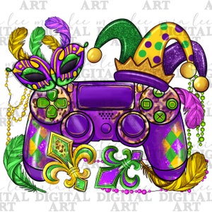 May include: A digital illustration featuring a purple game controller adorned with Mardi Gras elements. A jester's hat, mask, feathers, and fleur-de-lis are incorporated. The controller has green and gold accents, with a leopard print design on the buttons.