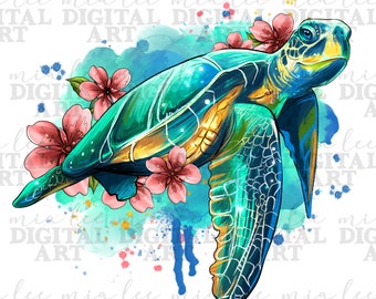花柄のカメの png 昇華デザインのダウンロード、手描きのカメの png、海の生き物の png、カメのデザインの png、昇華デザインのダウンロード