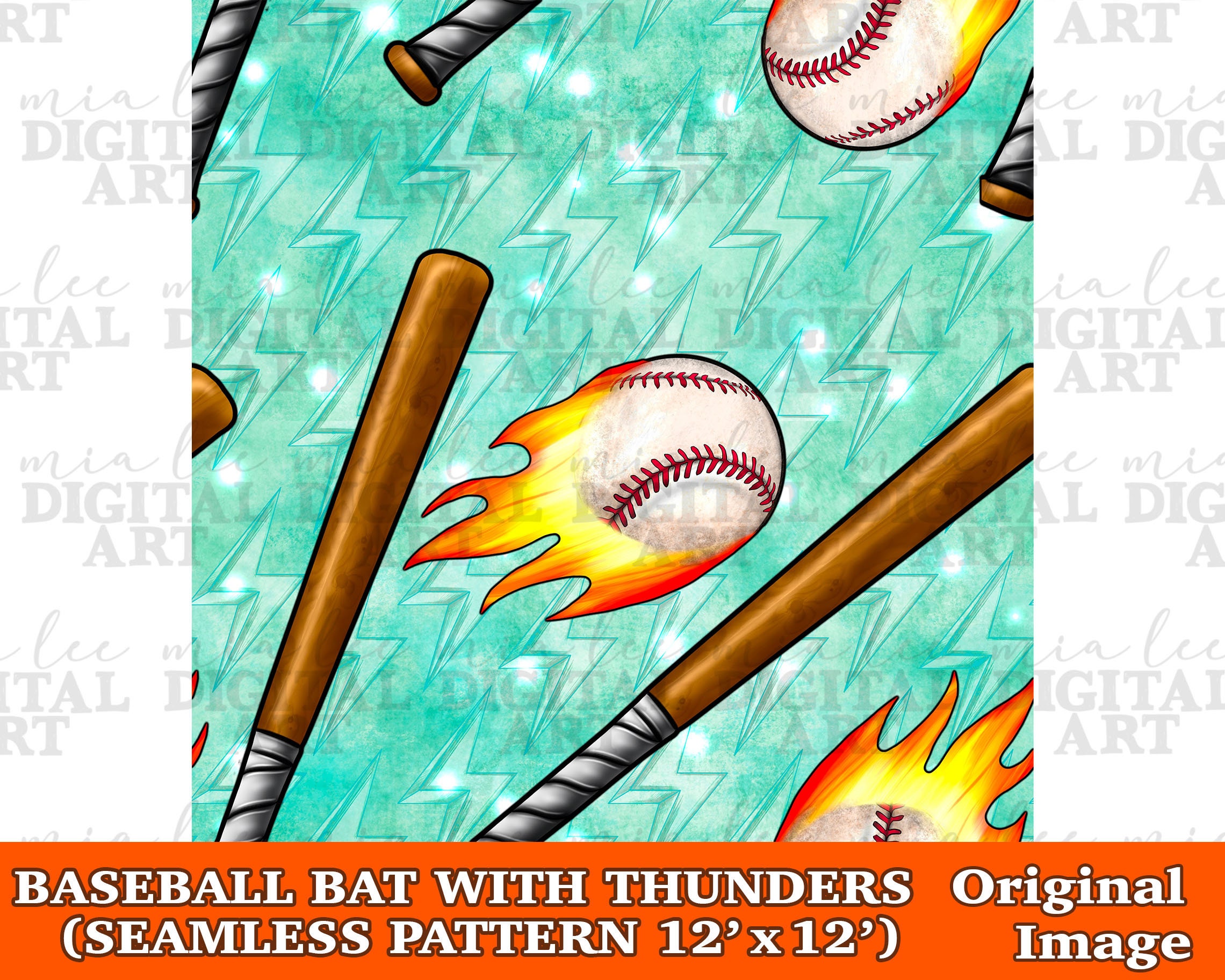 Baseball Bat With Thunders Seamless Pattern Digital Paper, Digital ...