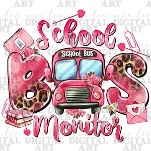May include: Pink glitter letters spelling "School Bus" with a pink school bus in the middle. The letters have a leopard print pattern. The bus has a white "School Bus" sign on the front. The letters are surrounded by pink flowers and hearts.
