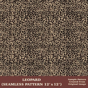 以下が含まれることがあります： ベージュの背景に、茶色と黒のシームレスなレオパード柄。パターンは12インチ×12インチです。