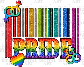 May include: A rainbow-colored barcode with the word "PRIDE" in rainbow leopard print letters. The barcode is surrounded by glitter and there are two rainbow gender symbols on either side of the word "PRIDE".