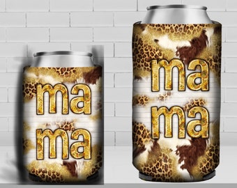 Mama with leopard 12 oz slim and regular soft can cooler png, can cooler wrap png, cowhide can cooler png, sublimate designs download