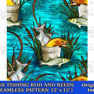 Lake Fishing Rod Seamless Pattern Digital Paper, Fish Digital Seamless ...