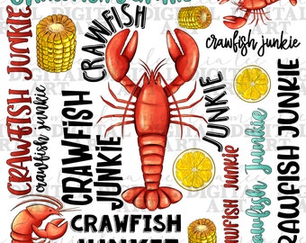 Crawfish junkie typography png sublimation design download, Mardi Gras Carnaval png, crawfish season png, sublimate designs download