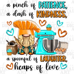 Puede incluir: Un gnomo panadero con un gorro de chef naranja y blanco, sosteniendo un rodillo y un batidor, se encuentra junto a una batidora de pie turquesa con un tazón. El texto dice: "una pizca de paciencia, un toque de amabilidad, una cucharada de risa, montones de amor".