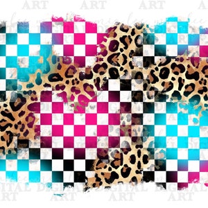 May include: Abstract digital art print featuring a checkered pattern in black, white, pink, and blue with a leopard print overlay.