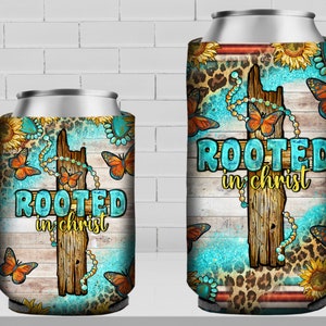 Rooted in Christ 12 oz slim and regular soft can cooler png, can cooler wrap png, Christian can cooler png, cross png, sublimate download