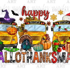 Op de afbeelding: Een digitale illustratie van drie schoolbussen die zijn versierd voor Halloween, Thanksgiving en Kerstmis. De bussen zijn geel met zwarte accenten en hebben de tekst "School Bus" aan de zijkant. De Halloween-bus heeft een heksenhoed, een spinnenweb en een pompoen. De Thanksgiving-bus heeft een kalkoen, pompoenen en herfstbladeren. De kerstbus heeft een kerstmanmuts, kerstverlichting en cadeaus. De tekst "Happy Hallothanksmas" staat onder de bussen.