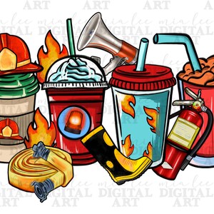 以下が含まれることがあります： 消防士をテーマにした飲み物のデジタルイラスト。セットには、消火栓が付いた赤と白のコーヒーカップ、消火ホースが付いた赤と白のアイスコーヒーカップ、炎が付いた青と白のアイスティーカップ、消火器が付いた赤と白のソーダカップが含まれています。